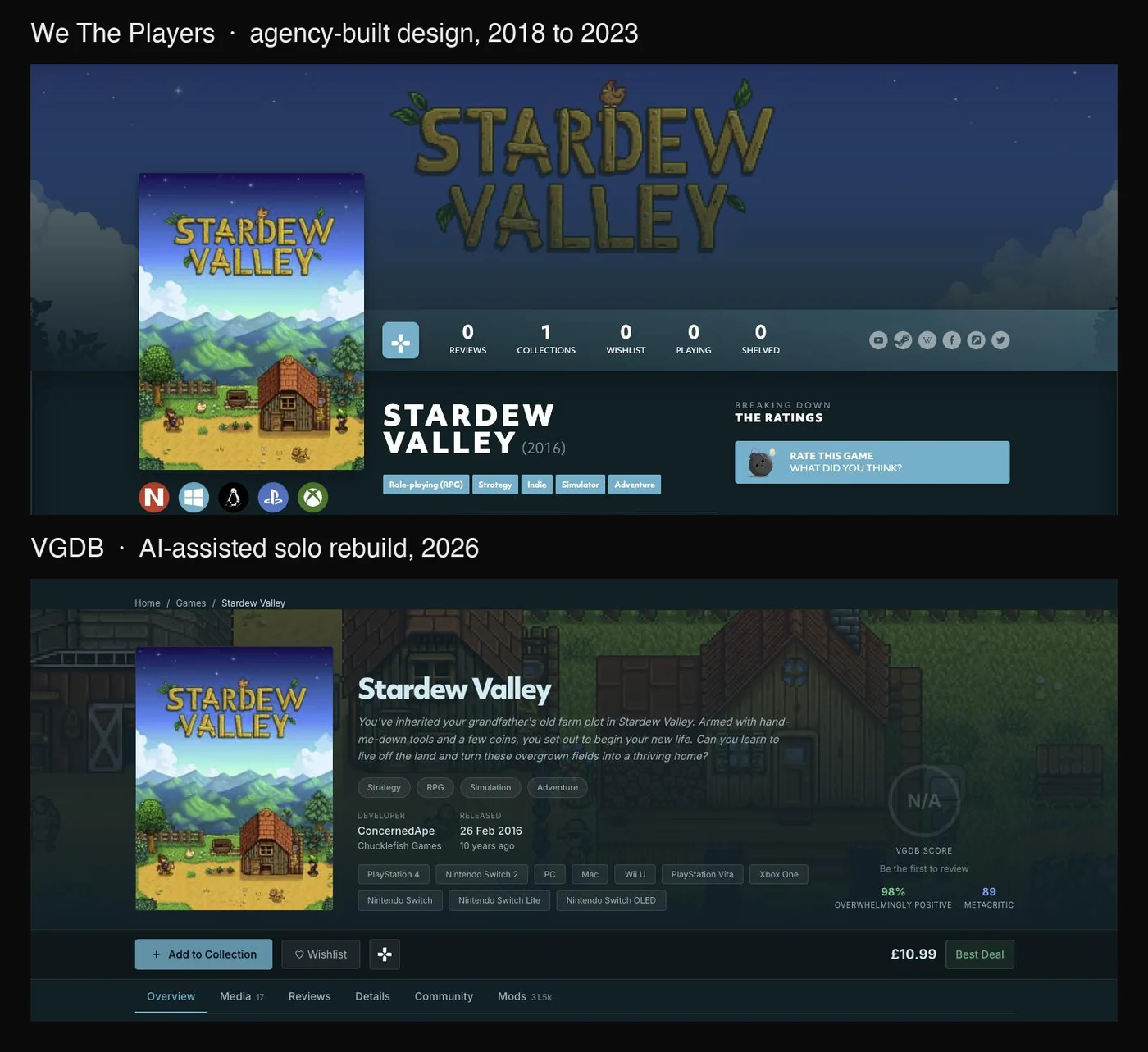 The same game on both platforms: the agency-built We The Players page above, and VGDB, the AI-assisted solo rebuild, below