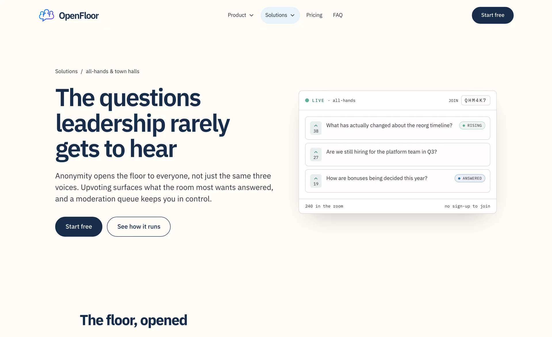 OpenFloor's all-hands page: anonymous questions, ranked by the room's votes