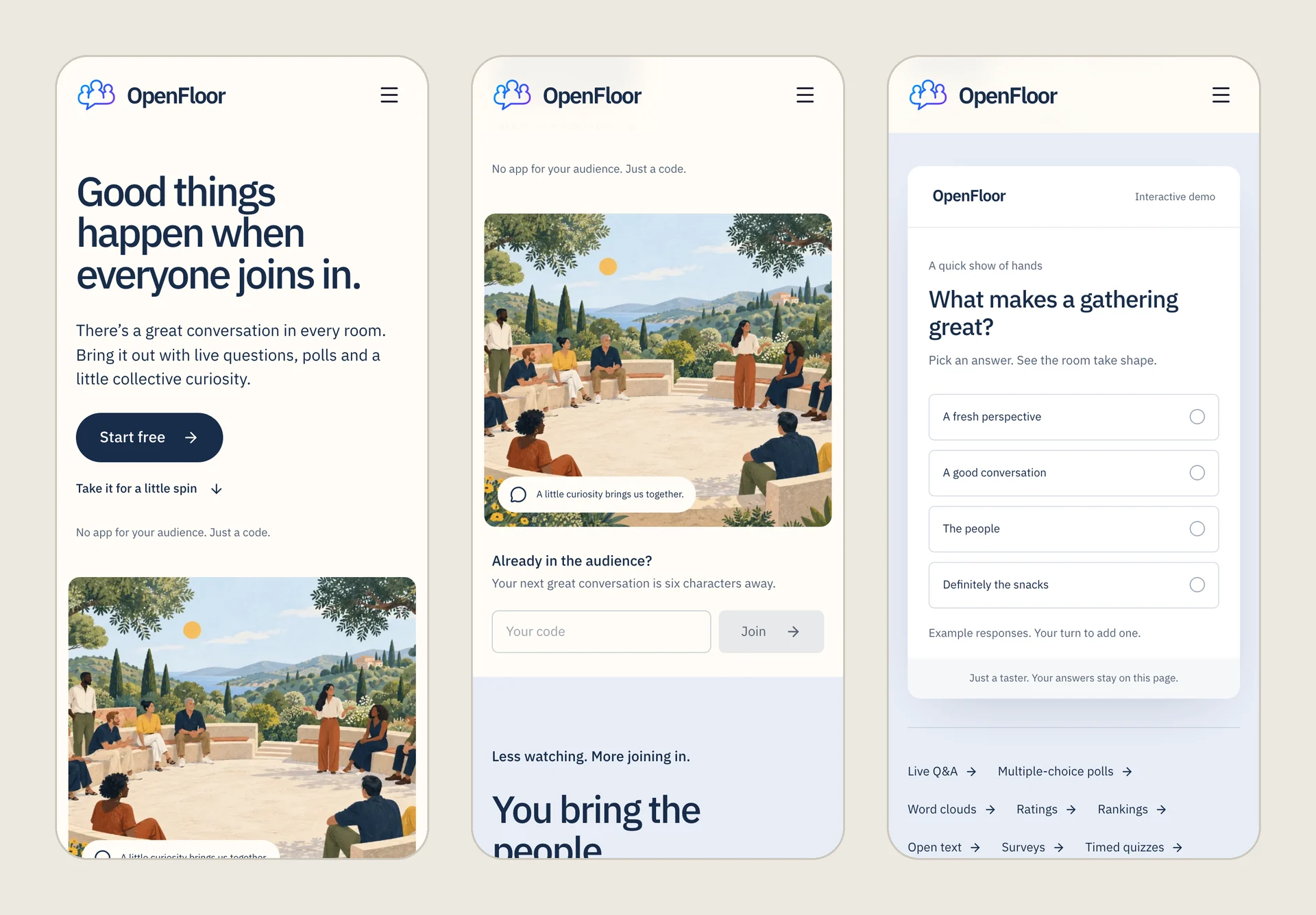 On a phone, with no app and no account: the homepage, joining with a six-character code, and a live poll